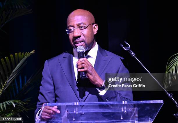 Senator Rev. Raphael Warnock speaks onstage during the premiere of AJC's "The South Got Something To Say" documentary screening at Center Stage...