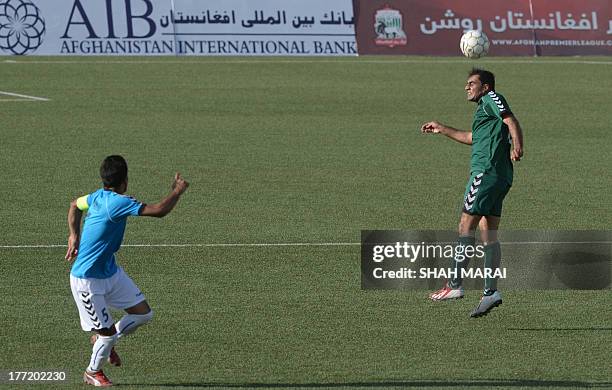 Afghan footballers from Tofaan Harirod wearing blue jerseys and Spinghar Bazan wearing green jerseys fight for the ball during game of the Roshan...
