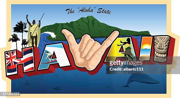retro postkarte, hawaii - postcard stock-grafiken, -clipart, -cartoons und -symbole