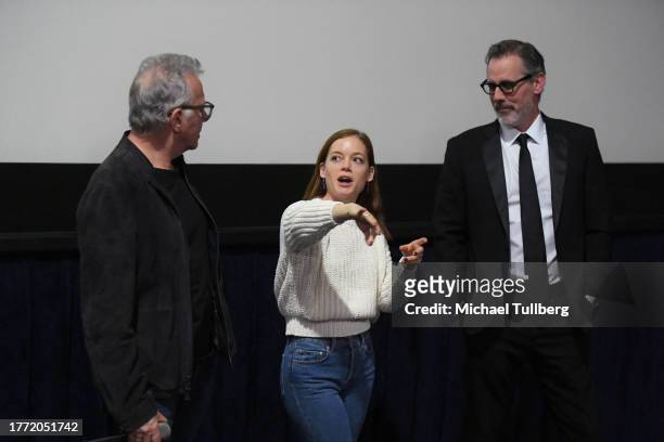Actors Paul Reiser, Jane Levy and director Chris Cottam speak during a Q&A at the premiere of "The Problem With People" during the 2023 speak...