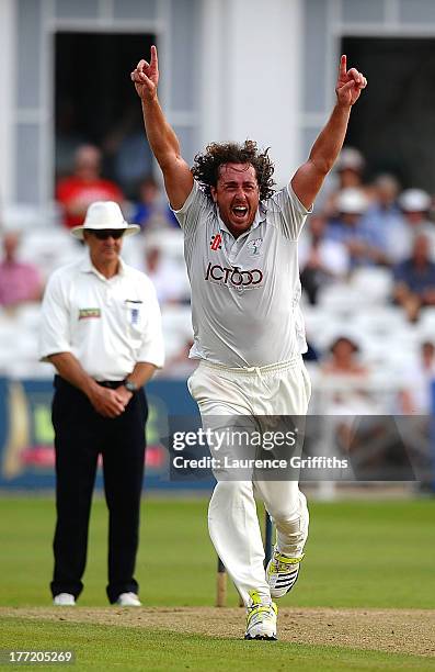 Ryan Sidebottom of Yorkshire celebrates the wicket of Steven Mullaney of Nottinghamshire during day two of the LV County Championship division one...