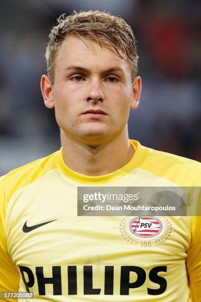 Jeroen Zoet of PSV looks on prior to the UEFA Champions League Play-off First Leg match between PSV Eindhoven and AC Milan at PSV Stadion on August...