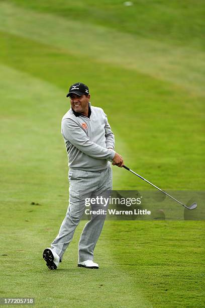 Ricardo Gonzalez of Argentina plays his second shot into the seventh green during the first round of the Johnnie Walker Championship at Gleneagles on...