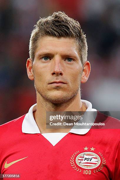 Stijn Schaars of PSV looks on prior to the UEFA Champions League Play-off First Leg match between PSV Eindhoven and AC Milan at PSV Stadion on August...