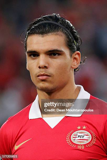 Karim Rekik of PSV looks on prior to the UEFA Champions League Play-off First Leg match between PSV Eindhoven and AC Milan at PSV Stadion on August...