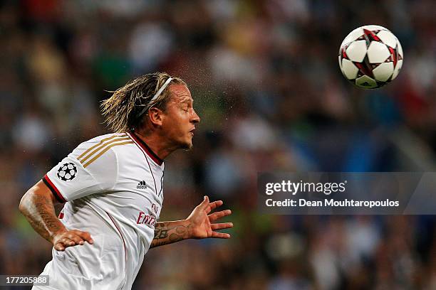 Philippe Mexes of AC Milan in action during the UEFA Champions League Play-off First Leg match between PSV Eindhoven and AC Milan at PSV Stadion on...