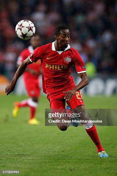 Joshua Brenet of PSV in action during the UEFA Champions League Play-off First Leg match between PSV Eindhoven and AC Milan at PSV Stadion on August...