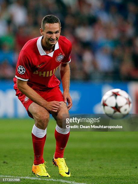 Tim Matavz of PSV in action during the UEFA Champions League Play-off First Leg match between PSV Eindhoven and AC Milan at PSV Stadion on August 20,...