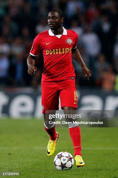 Jetro Willems of PSV in action during the UEFA Champions League Play-off First Leg match between PSV Eindhoven and AC Milan at PSV Stadion on August...