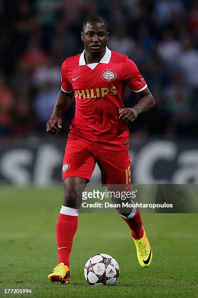 Jetro Willems of PSV in action during the UEFA Champions League Play-off First Leg match between PSV Eindhoven and AC Milan at PSV Stadion on August...