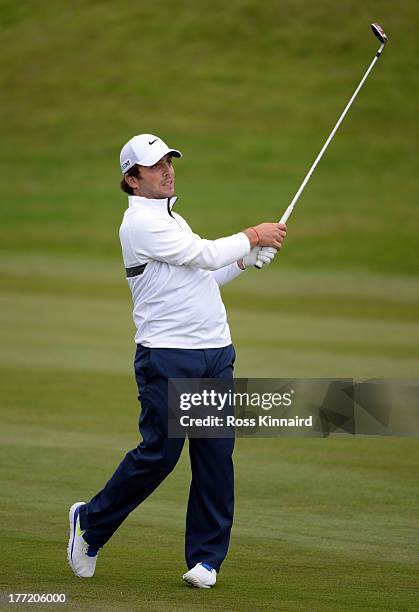 Francesco Molinari of Italy in action during the first round of the Johnnie Walker Championship at Gleneagles on August 22, 2013 in Auchterarder,...