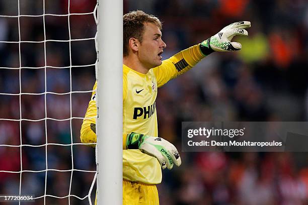 Goalkeeper, Jeroen Zoet of PSV in action during the UEFA Champions League Play-off First Leg match between PSV Eindhoven and AC Milan at PSV Stadion...