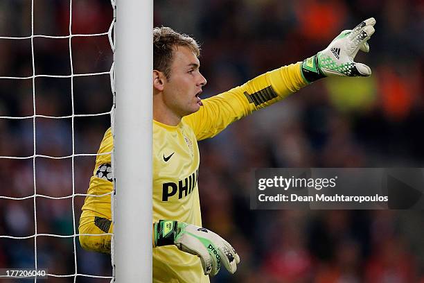 Goalkeeper, Jeroen Zoet of PSV in action during the UEFA Champions League Play-off First Leg match between PSV Eindhoven and AC Milan at PSV Stadion...