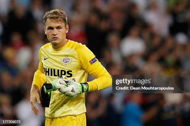 Goalkeeper, Jeroen Zoet of PSV looks on after the UEFA Champions League Play-off First Leg match between PSV Eindhoven and AC Milan at PSV Stadion on...