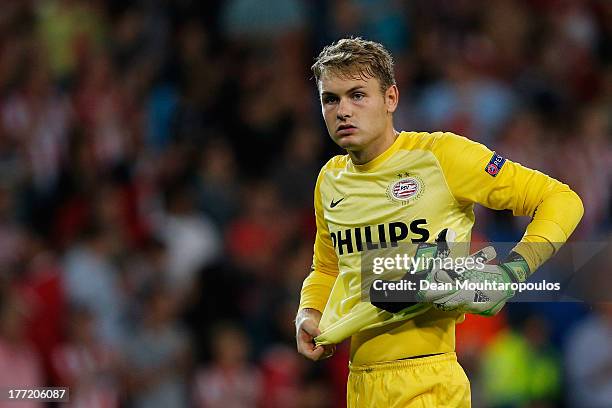 Goalkeeper, Jeroen Zoet of PSV looks on after the UEFA Champions League Play-off First Leg match between PSV Eindhoven and AC Milan at PSV Stadion on...