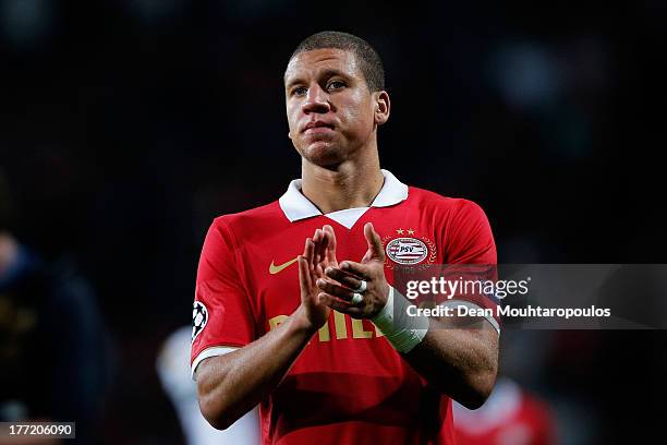 Jeffrey Bruma of PSV applaudes the fans after the UEFA Champions League Play-off First Leg match between PSV Eindhoven and AC Milan at PSV Stadion on...