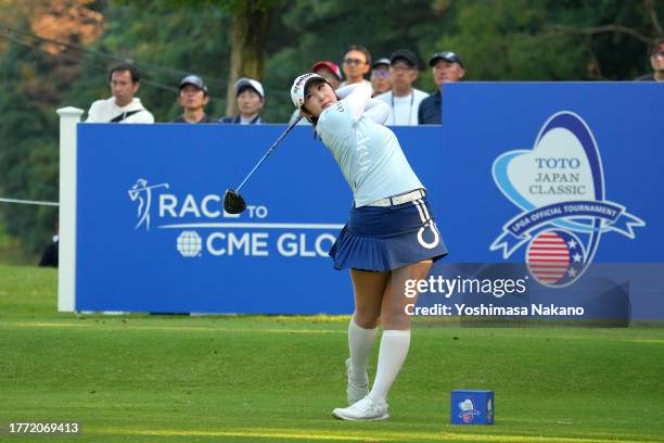 Seonwoo Bae of South Korea hits her tee shot on the 18th hole during the second round of the TOTO Japan Classic at the Taiheiyo Club's Minori Course...