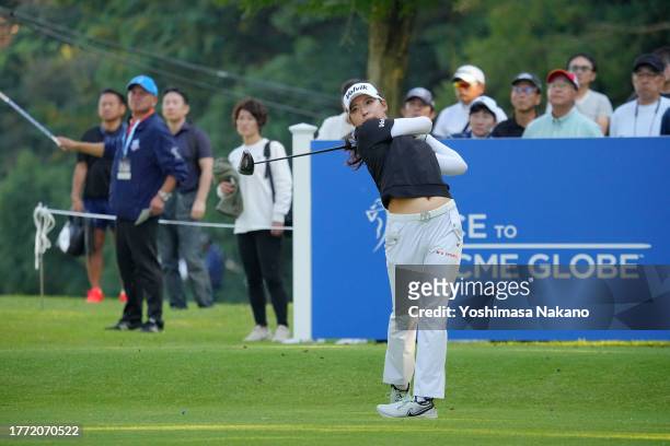 Mi Hyang Lee of South Korea hits her tee shot on the 18th hole during the second round of the TOTO Japan Classic at the Taiheiyo Club's Minori Course...