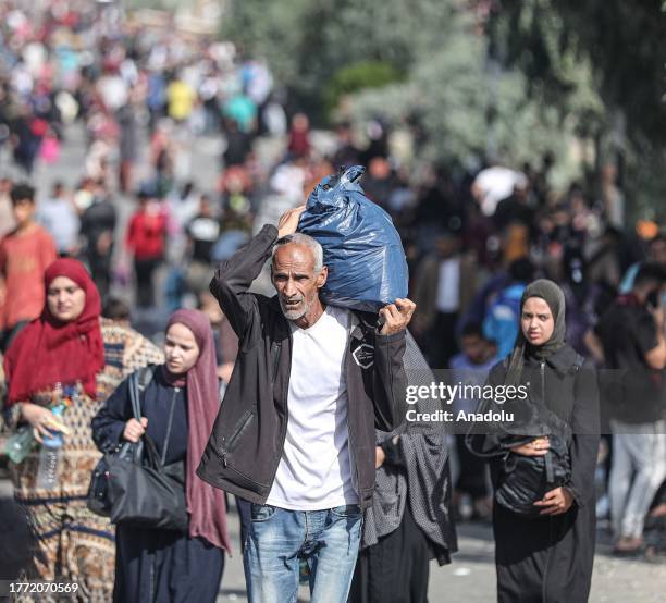 Palestinians leave from the northern part of the Gaza to flee the central and southern parts of the Gaza Strip on November 09, 2023. Since Oct.7, the...