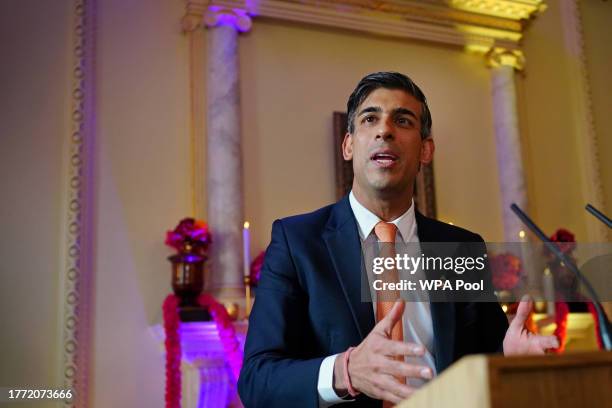 Prime Minister Rishi Sunak addresses guests as he hosts a reception with business leaders to celebrate Diwali on November 9, 2023 in London, England.