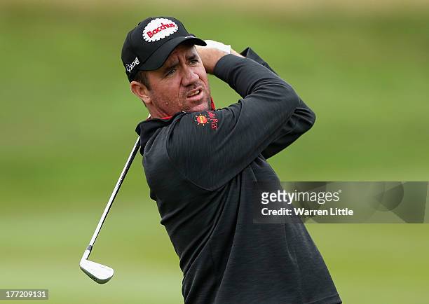 Scott Hend of Australia in action during the first round of the Johnnie Walker Championship at Gleneagles on August 22, 2013 in Auchterarder,...