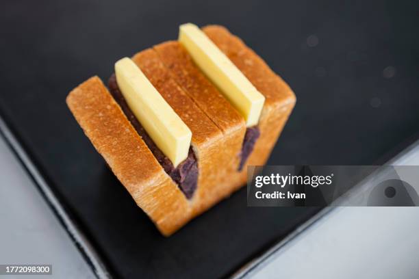 azuki bean, red bean bread with cream - south korea v japan stock pictures, royalty-free photos & images