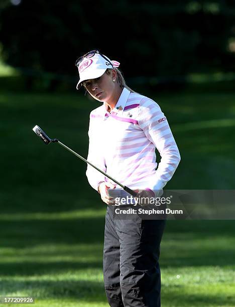 Paula Creamer reacts to her birdi putt attempt on the fifth hole during the CN Canadian Women's Open at Royal Mafair Golf Club on August 22, 2013 in...