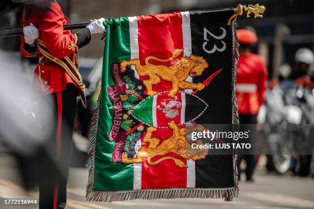 Member of the Kenyan Presidential Guard of Honour holds a ceremonial Kenyan flag as he welcomes Kenyan President William Ruto before delivering the...