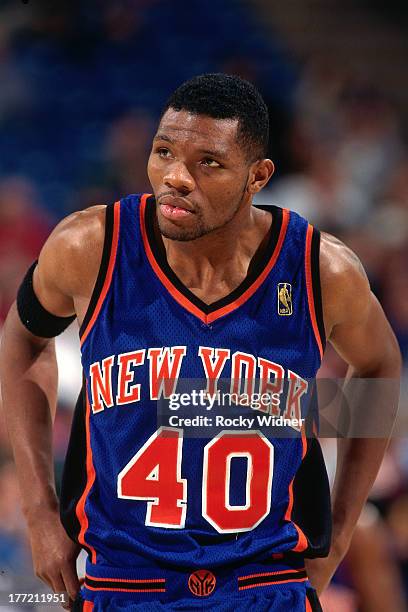 Walter McCarty of the New York Knicks looks on against the Sacramento Kings on February 20, 1997 at Arco Arena in Sacramento, California. NOTE TO...