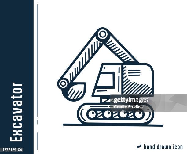 ilustrações de stock, clip art, desenhos animados e ícones de excavator, backhoe single line icon design - moto niveladora