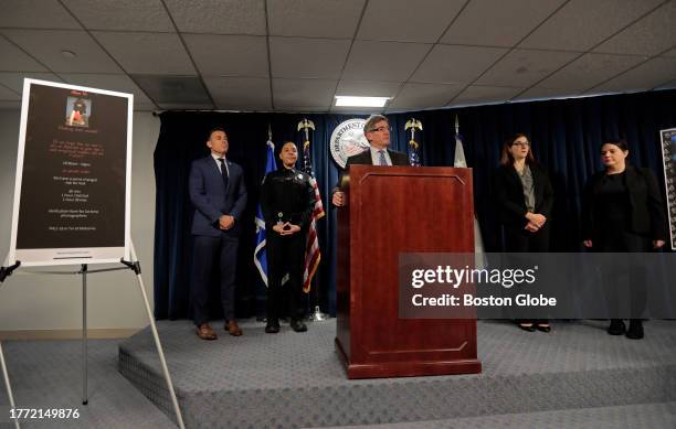 Boston, MA Acting United States Attorney Joshua S. Levy, center, speaks at the podium. From left, behind him are: Special Agent in Charge of Homeland...