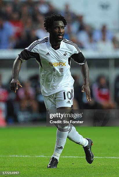 Swansea player Wilfried Bony in action during the UEFA Europa League play-off first leg between Swansea City and FC Petrolul Ploiesti at Liberty...