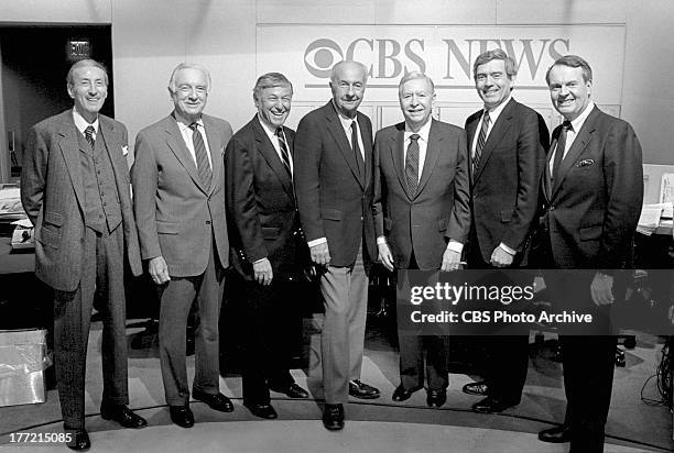 Gathering of CBS News personnel for Douglas Edwards farewell party. From left, Robert Trout, Walter Cronkite, Don Hewitt, Dallas Townsend, Douglas...