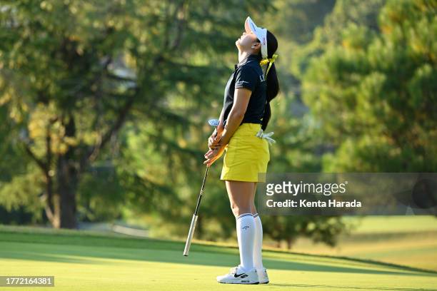 Yui Kawamoto of Japan reacts after missing the birdie putt on the 17th green during the second round of Meiji Yasuda Ladies Open Golf Tournament at...