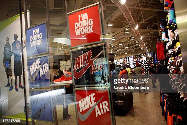 Window display advertises Nike shoes at the House Of Hoops by Foot Locker retail store at the Beverly Center in Los Angeles, California, U.S., on...