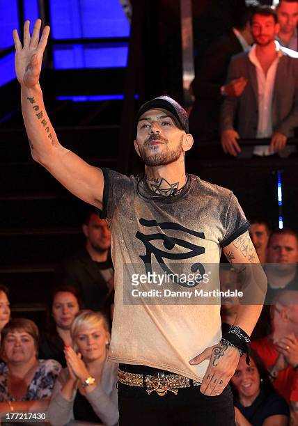 Abz Love aka Richard Green enters the Celebrity Big Brother House at Elstree Studios on August 22, 2013 in Borehamwood, England.