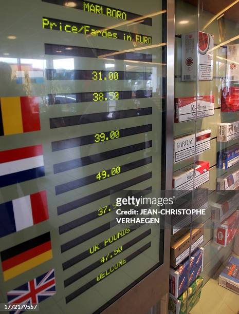 Vue d'un panneau d'affichage indiquant les prix des cigarettes dans divers pays européens, en les comparant à ceux pratiqués au Luxembourg, prise le...