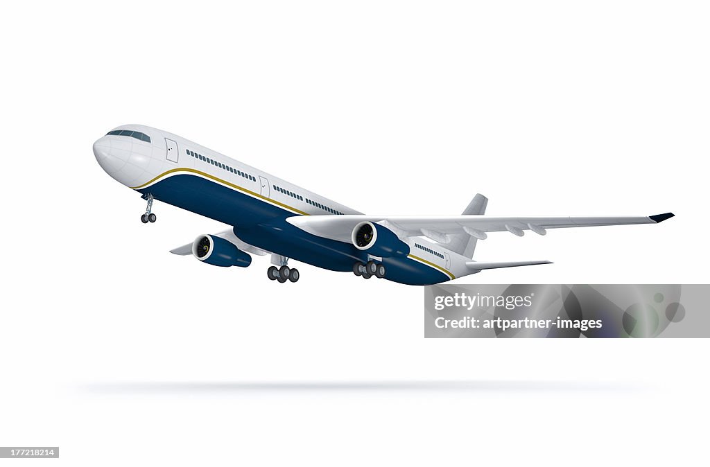 Passenger plane at take off on white