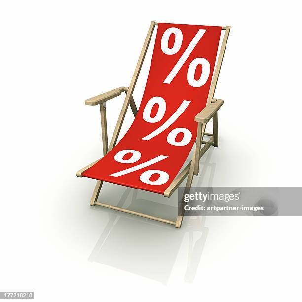 deck chair with percentage signs on white - silla de playa fotografías e imágenes de stock