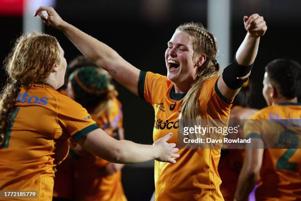 Kaitlan Leaney of Australia celebrates victory in the WXV1 match between Australia Wallaroos and Wales at Go Media Stadium Mt Smart on November 03,...