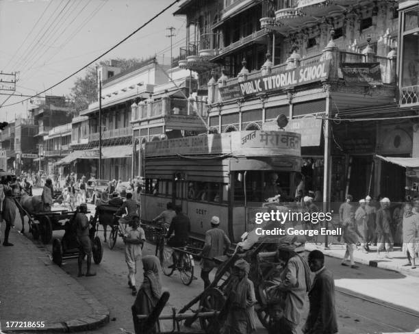 Busy street in Karachi, India, circa 1955-1975.