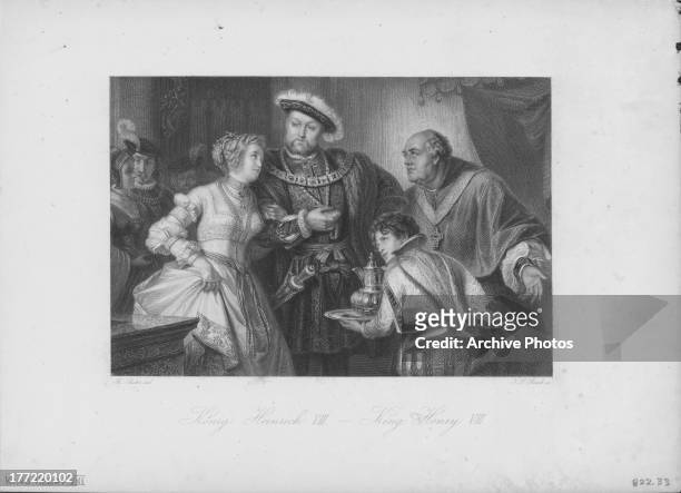 Engraved scene of King Henry VIII of England and his servants, circa 1491-1547).