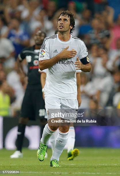 Raul Gonzalez of Real Madrid celebrate after scoring during the Santiago Bernabeu Trophy match between Real Madrid CF and Al-Sadd at Bernabeu on...