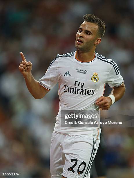 Jese Rodriguez of Real Madrid CF celebrates scoring the team's fifth goal during the Santiago Bernabeu Trophy match between Real Madrid CF and...