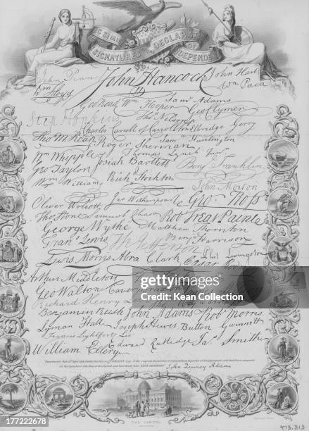 The US Declaration of Independence, including the signitures of John Hancock, President of the Continental Congress, and two future presidents;...