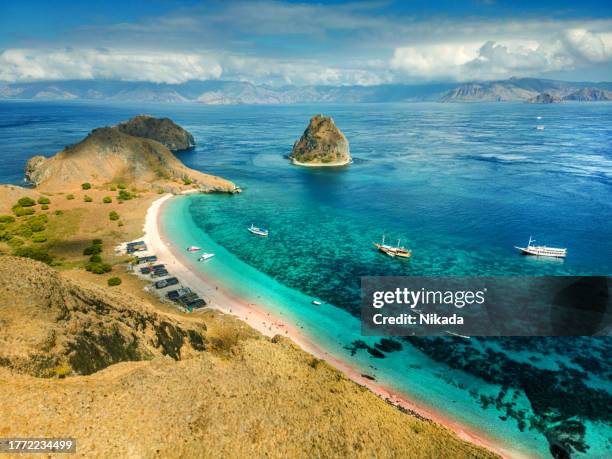 aerial view pink beach komodo island, indonesia - flores island indonesia stock pictures, royalty-free photos & images