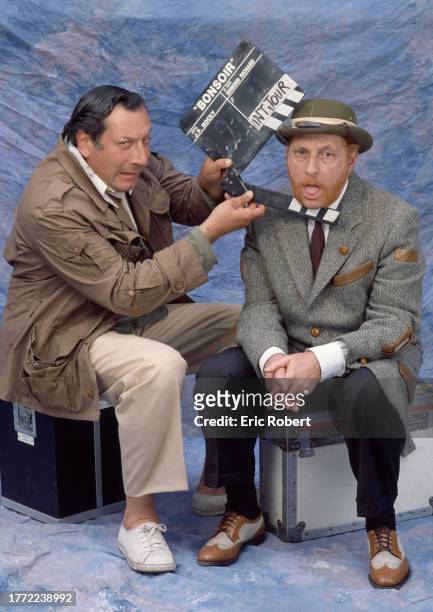 French actors Jean-Claude Dreyfus and Michel Serrault on the set of Bonsoir, written and directed by Jean-Pierre Mocky, July 1992.