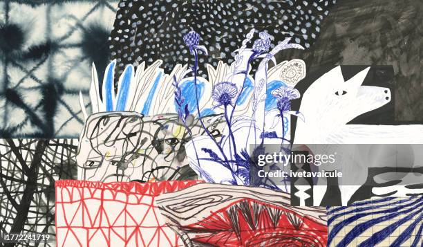 landscape with a horse under the stars - mixed media stock illustrations