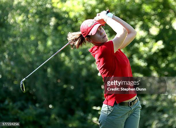 Karine Icher of France hits her tee shot on the fifth hole during the CN Canadian Women's Open at Royal Mayfair Golf Club on August 22, 2013 in...