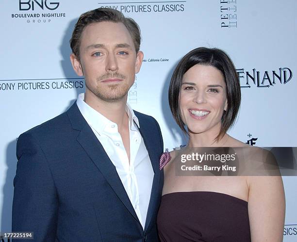 Actor J. J. Feild and actress Neve Campbell attend the premiere of 'Austenland' on August 8, 2013 at ArcLight Hollywood in Hollywood, California.